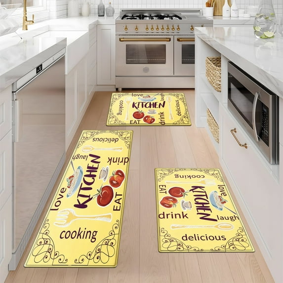 YIMEIS Kitchen tableware with yellow background Kitchen Decor Set of 3 Christmas Fall Kitchen Rugs, Xmas Decorative Farmhouse Floor Mats for Home Kitchen Dining Room Decorations