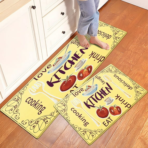 YIMEIS Kitchen tableware with yellow background Kitchen Mat Rug Set - 2 Pcs Perfect for Kitchen Counter, 16''*24''/47''*18'', Functional for Decoration
