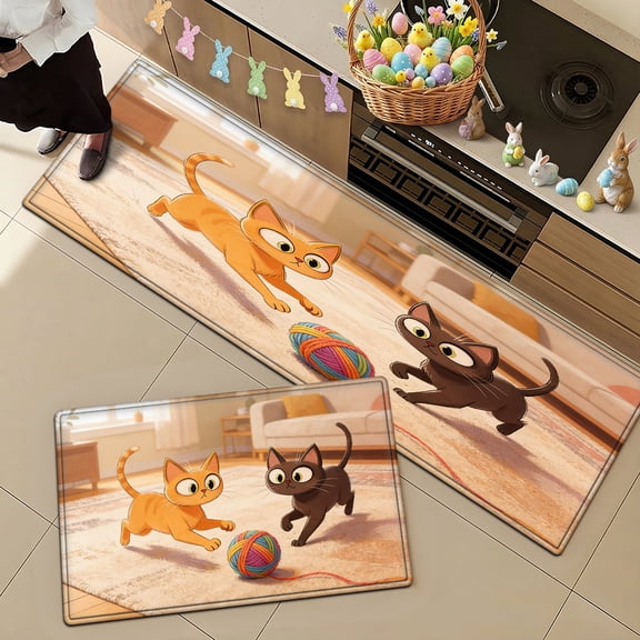YIMEIS Kitten Playing with a Yarn Ball Cozy Soft 2-Piece Flannel Mat and Kitchen Rugs,Non-slip for Bath Entryway