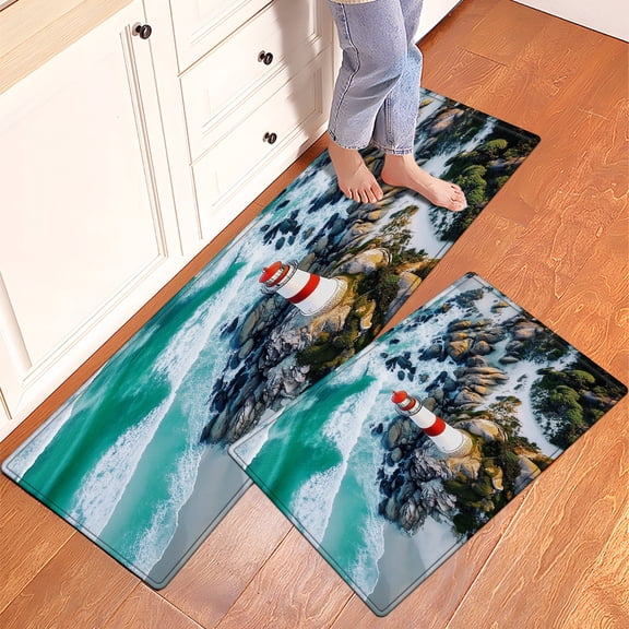 YIMEIS Lighthouse Festival Beach Kitchen Mat Rug Set - 2 Pcs Perfect for Kitchen Counter, 16''*24''/47''*18'', Functional for Decoration