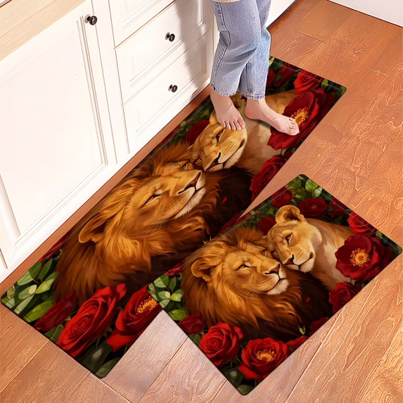 YIMEIS Lion Rose Valentine's Day Fall Kitchen Mats Set of 2,Xmas Winter Seasonal Farmhouse Home Seasonal Decorations Rugs for Floor - 16''*24'' and 17''*47'' in