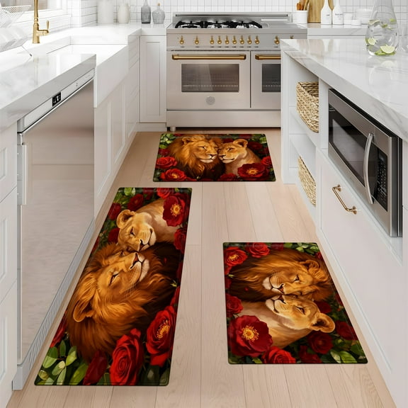 YIMEIS Lion Rose Valentine's Day Machine Washable Non-Slip Rubberback Indoor Runner Rug/Area Rug for Kitchen, Hallway, Kitchen, Entryway, Bathroom, 3 Piece Set - 16''*24''/20''*32''/47''*18''