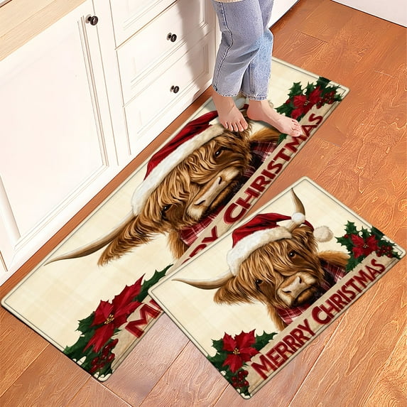 CCTFS Merry Christmas Cow Fall Kitchen Rugs Set of 2, Xmas Holiday Kitchen Mat Decor Home Decorations, Green Christmas Mats for Kitchen Floor - 16''*24'' and 17''*47'' in