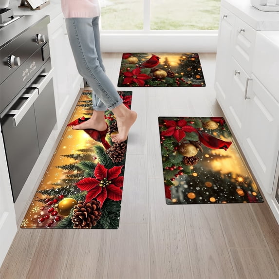 YIMEIS Merry Christmas Fall Kitchen Rugs Set of 3, Xmas Holiday Christmas Tree Kitchen Mat Decor Home Decorations, Green Christmas Mats for Kitchen Floor - 16''*24'' and 20''*30'' and 17''*47'' in
