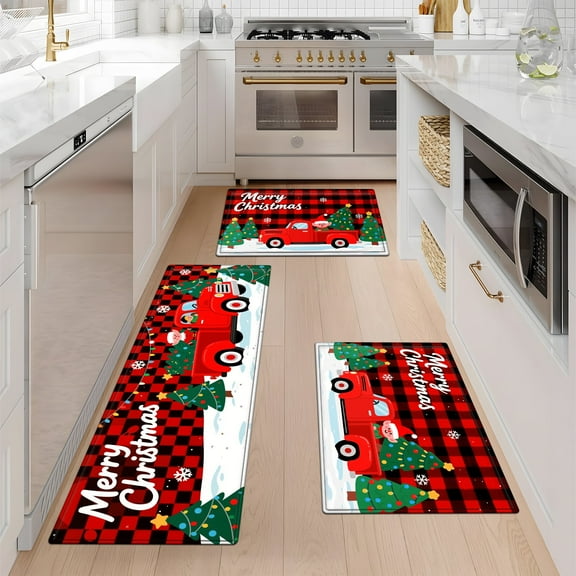 YIMEIS Merry Christmas Fall Kitchen Rugs Set of 3, Xmas Holiday Kitchen Mat Decor Home Decorations, Green Christmas Mats for Kitchen Floor - 16''*24'' and 20''*30'' and 17''*47'' in