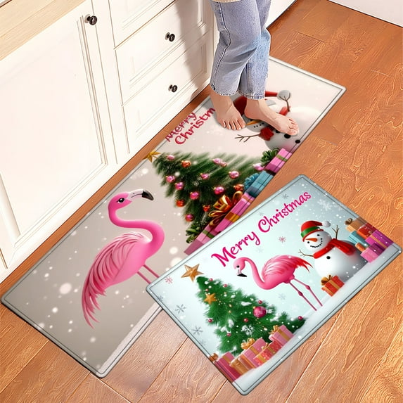 YIMEIS Merry Christmas, Flamingo Snowman. Fall Kitchen Rugs Set of 2, Xmas Holiday Kitchen Mat Decor Home Decorations, Green Christmas Mats for Kitchen Floor - 16''*24'' and 17''*47'' in