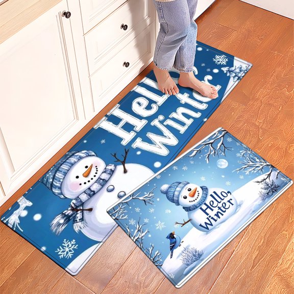 YIMEIS Merry Christmas. Hello, winter. Flannel Soft Kitchen Rugs Non Slip Washable, Throw Rug, Set of 2, Non-Skid Runner Rug, Floor Mat, Doormat, Living Room Laundry Bathroom Water-absorbing Mat Set