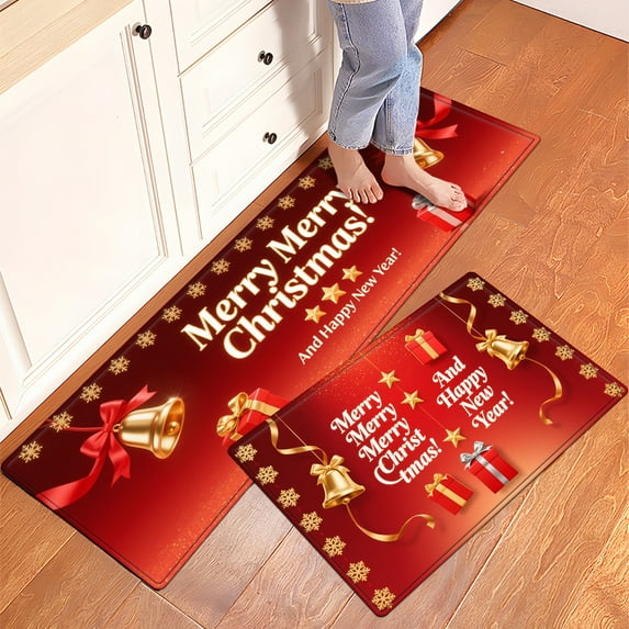 YIMEIS Merry Christmas New Year Machine Washable Non-Slip Rubberback Indoor Runner Rug/Area Rug for Kitchen, Hallway, Kitchen, Entryway, Bathroom, 3 Piece Set - 16''*24''/20''*32''/47''*18''