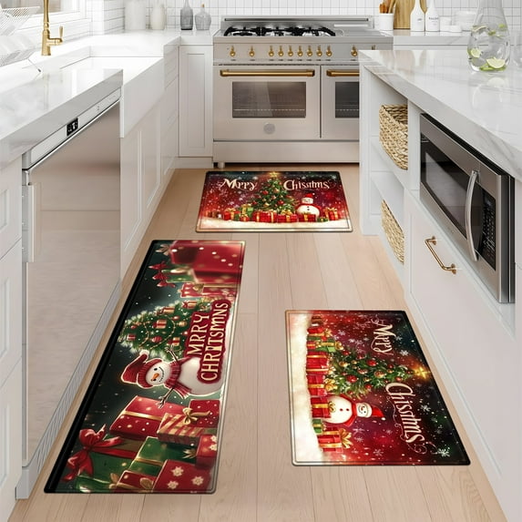 YIMEIS Merry Christmas Snowman Tree Fall Kitchen Rugs Set of 3, Xmas Holiday Kitchen Mat Decor Home Decorations, Green Christmas Mats for Kitchen Floor - 16''*24'' and 20''*30'' and 17''*47'' in