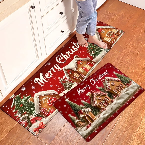 YIMEIS Merry Christmas Snowy Gingerbread Fall Kitchen Rugs Non Skid Washable Area Carpet [Made in USA], Multi - 1/2 Pcs 16''*24''/47''*18