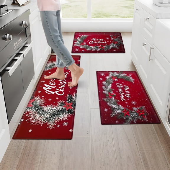 YIMEIS Merry Christmas Wishes Kitchen Mat Washable Non-Skid Absorbent Runner Rugs (16''24''/20''32''/47''18'') - 1/2/3 Pcs Recommended for Kitchen Sink Front/Floor, Suitable for All Age Groups