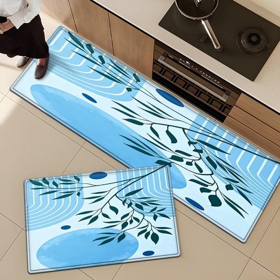 YIMEIS Mid-Autumn Festival, Blue Moon Leaves Flannel Floor Mat & Kitchen Rugs 2-Piece Set,Soft Non-slip for Bathroom Entryway Bedroom