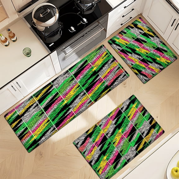 YIMEIS Neon geometric lines and grids 3Pcs Everyday Flannel Mat & Kitchen Rugs,Soft Non-slip for Bathroom  Bedroom