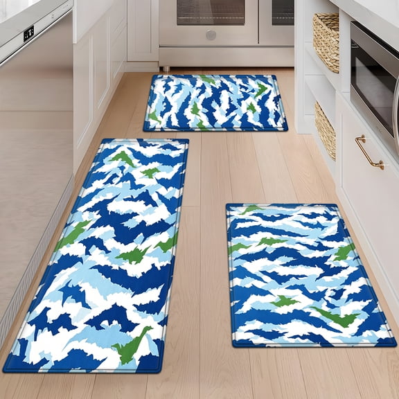 YIMEIS Ocean blue and white waves, green island Soft Touch 3Pcs Flannel Mat & Kitchen Rugs,Non-slip for Home Decoration Bathroom Entry