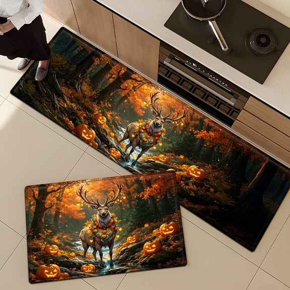 YIMEIS Orange Jack-o '-lantern deer for Halloween 2Pcs Versatile Flannel Mat & Kitchen Rugs,Soft Non-slip for Bathroom Entryway