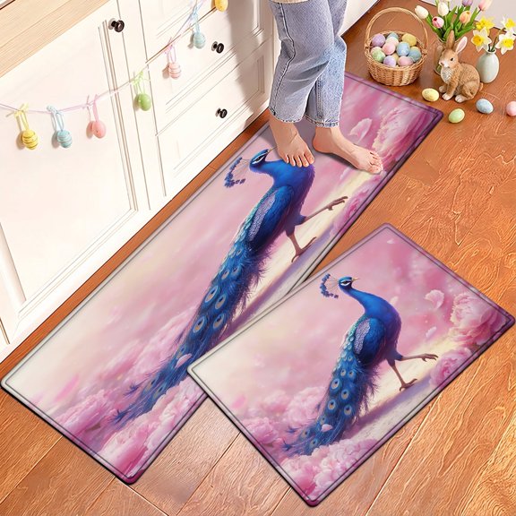 YIMEIS Peacock Amidst a Sea of Flowers: A Vision of Beauty Non-slip Soft 2-Piece Flannel Mat and Kitchen Rugs,Suitable for Bedroom Bathroom
