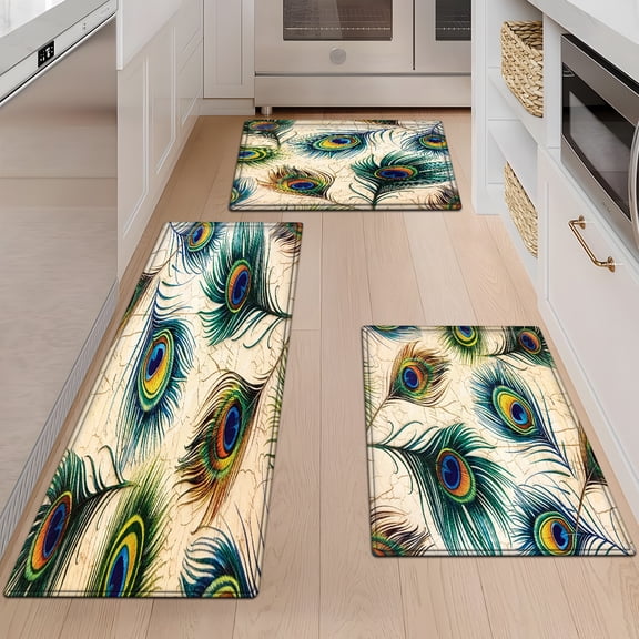 YIMEIS Peacock feather pattern retro cracked background 3Pcs Everyday Flannel Mat & Kitchen Rugs,Soft Non-slip for Bathroom Bedroom