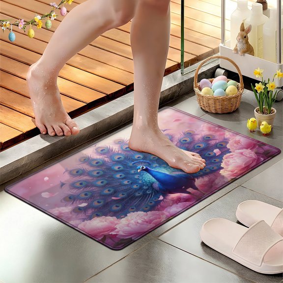 YIMEIS Peacock's Display Amidst the Blooms Soft Non-slip 1Pc Flannel Mat & Kitchen Rugs,Great for Entryway Bathroom