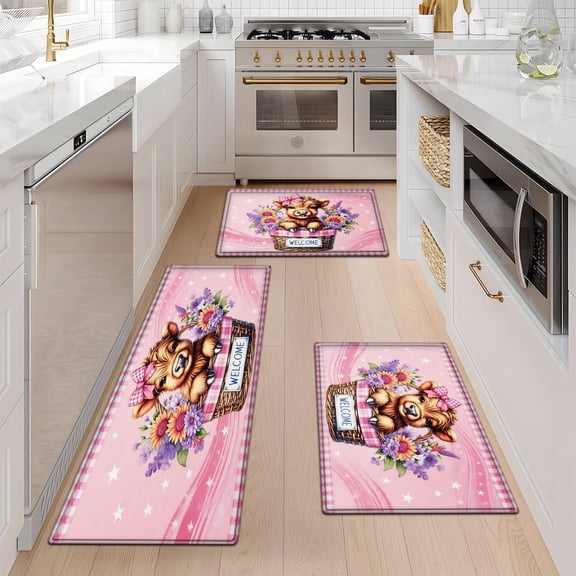 YIMEIS Pink Flower Baskets with Little Highland Cows Welcoming Spring Floral rug Soft Non-slip 3Pcs Flannel Mat & Kitchen Rugs,Great for Entryway Bathroom