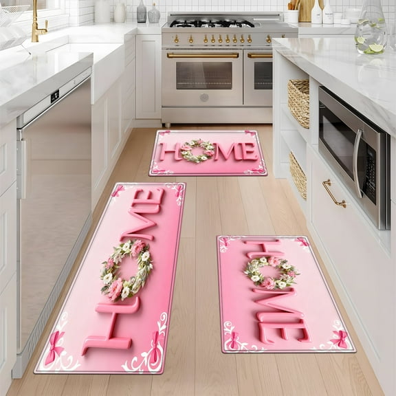 YIMEIS Pink wreath home Fall Kitchen Rugs Set of 3, Xmas Holiday Kitchen Mat Decor Home Decorations, Green Christmas Mats for Kitchen Floor - 16''*24'' and 20''*30'' and 17''*47'' in