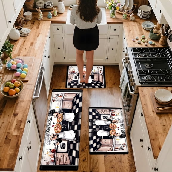 YIMEIS Pizza chef Soft Flannel Kitchen Rug Set 3Pcs, Non-Slip Machine Washable Floor Mats for Kitchen, Bathroom & Entryway