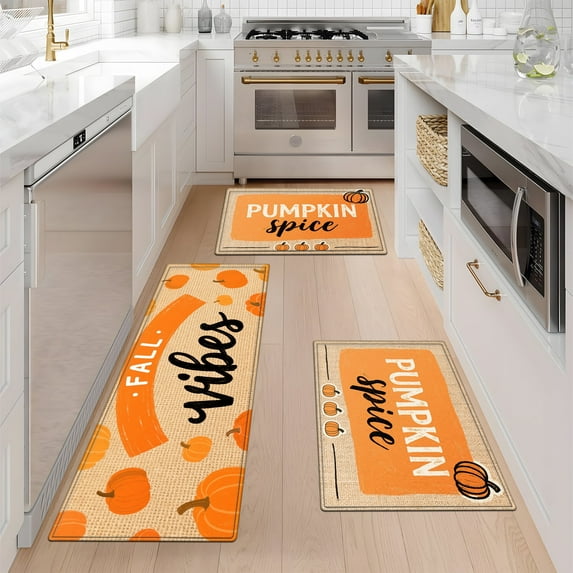 YIMEIS Pumpkin spice for Halloween Kitchen Mat Washable Non-Skid Absorbent Runner Rugs (16''24''/20''32''/47''18'') - 3 Pcs Recommended for Kitchen Sink Front/Floor, Suitable for All Age Groups