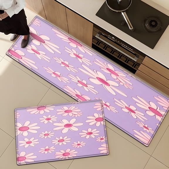 YIMEIS Purple Background Pink Daisies Daily Use 2Pcs Flannel Mat and Kitchen Rugs,Soft Non-slip for Home Entryway Bathroom