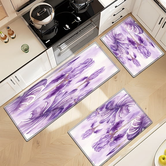 YIMEIS Purple Iris and Monstera Leaves 3Pcs Flannel Mat & Kitchen Rugs Set,Soft Non-slip,16''×24'' 20''×30'' 17''×47'' Inches,for Entryway Bathroom
