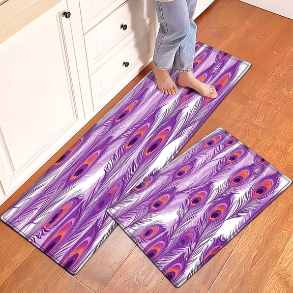 YIMEIS Purple Tones, Peacock Feathers 2Pcs Versatile Flannel Mat & Kitchen Rugs,Soft Non-slip for Bathroom Entryway