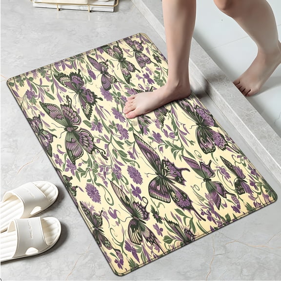 YIMEIS Purple butterfly and floral pattern 1Pc Flannel Mat and Kitchen Rugs,Soft Non-slip,Perfect for Home Bathroom