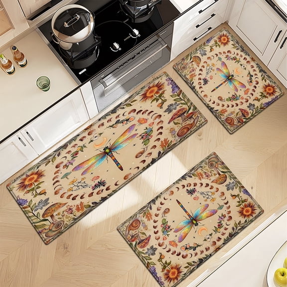 YIMEIS Rainbow Dragonfly, Flower and Moon Dream boho rug Soft Non-slip 3Pcs Flannel Mat & Kitchen Rugs,Great for Entryway Bathroom