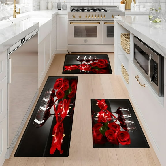 YIMEIS Red Wine Rose Candlelight Valentine's Day Machine Washable Non-Slip Rubberback Indoor Runner Rug/Area Rug for Kitchen, Hallway, Kitchen, Entryway, Bathroom, 3 Piece Set