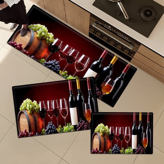 YIMEIS Red wine feast Flannel Kitchen Floor Mats 3Pcs, Non-Slip Machine Washable Runner Rugs for Kitchen & Doorway