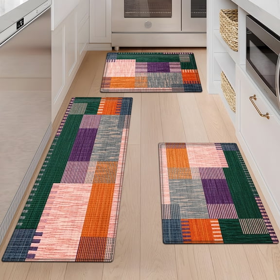 YIMEIS Retro patchwork geometric squares 3Pcs Everyday Flannel Mat & Kitchen Rugs,Soft Non-slip for Bathroom Bedroom