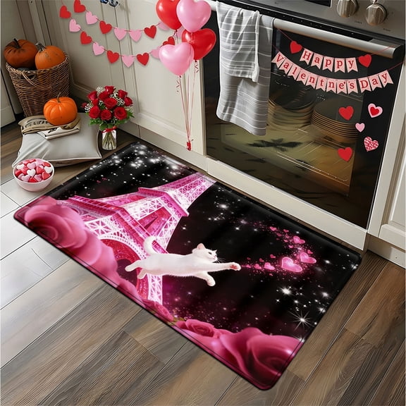 YIMEIS Romantic Paris cat 17.7''*47.2'' Long Flannel Bath Mat, Non-Slip, Anti-Skid Rug for Bathroom Aisle & Bathtub Side