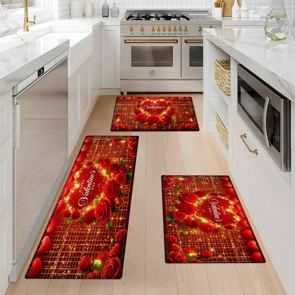 YIMEIS Romantic Rose for Valentine's Day Machine Washable Non-Slip Rubberback Indoor Runner Rug/Area Rug for Kitchen, Hallway, Kitchen, Entryway, Bathroom, 3 Piece Set - 16''*24''/20''*32''/47''*18''