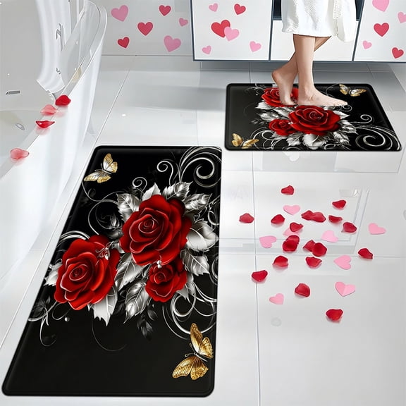 YIMEIS Rose Butterfly 15.7''*23.6''/17.7''*47.2'' 2-Piece Flannel Mat Set, Non-Slip, Combo Rug for Bathroom Door & Aisle
