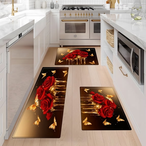 YIMEIS Rose Gold Butterfly Kitchen Mat Rug Set - Perfect for Kitchen Counter, 16''*24''/20''*32''/47''*18'', Functional for Decoration