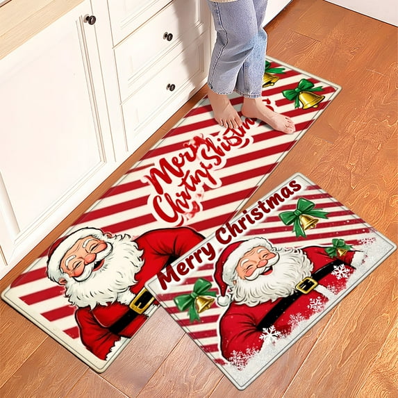 YIMEIS Santa Claus Bow Kitchen Mat Rug Set - 2 Pcs Perfect for Kitchen Counter, 16''*24''/47''*18'', Functional for Decoration