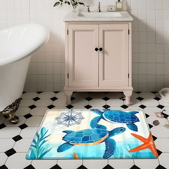 YIMEIS Sea Turtle Marine Map 15.7''*23.6'' Flannel Mat, Multi-Scene Non-Slip Rug, Universal Soft Mat for Bathroom, Kitchen & Balcony