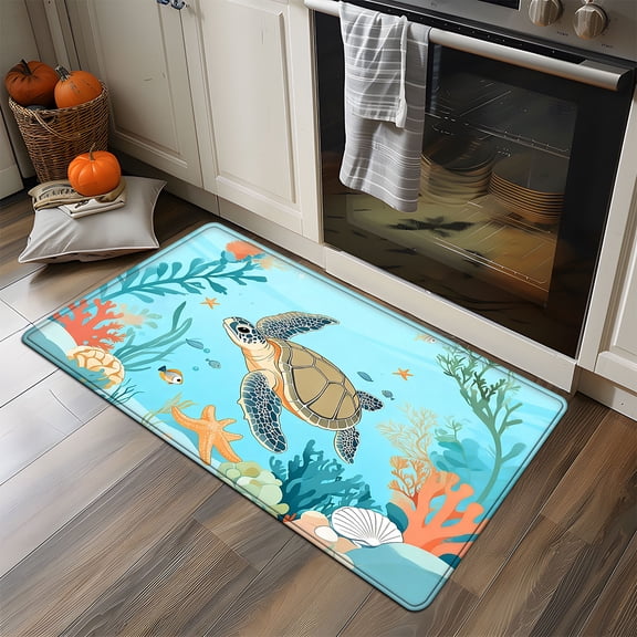 YIMEIS Sea Turtle Marine Map 17.7''*47.2'' Long Flannel Bath Mat, Non-Slip, Anti-Skid Rug for Bathroom Aisle & Bathtub Side