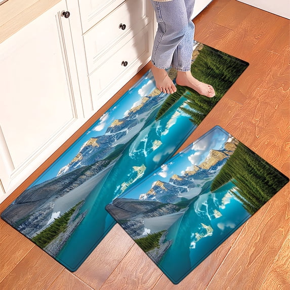 YIMEIS Snow Mountain and Lake View Kitchen Mat Washable Non-Skid Absorbent Runner Rugs (16''24''/47''18'') - 2 Pcs Recommended for Kitchen Sink Front/Floor, Suitable for All Age Groups