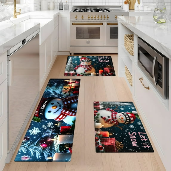 YIMEIS Snowman Christmas Gift Candle Fall Kitchen Rugs Set of 3, Xmas Holiday Kitchen Mat Decor Home Decorations, Green Christmas Mats for Kitchen Floor - 16''*24'' and 20''*30'' and 17''*47'' in