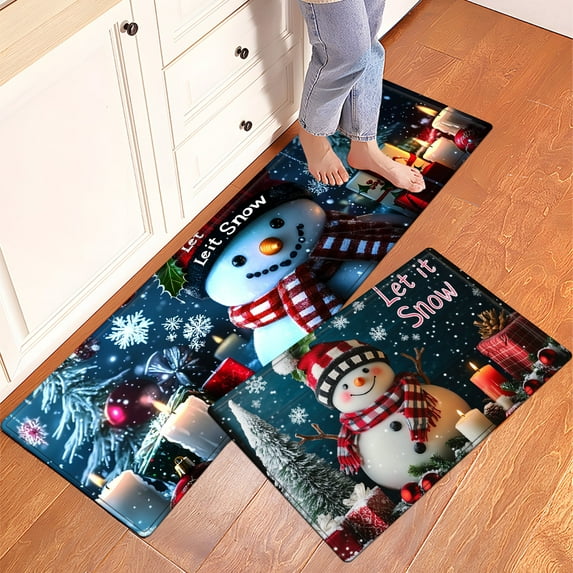 CCTFS Snowman Christmas Gift Candle Kitchen Decor Set of 2 Christmas Fall Kitchen Rugs, Xmas Decorative Farmhouse Floor Mats for Home Kitchen Dining Room Decorations - 16''*24'' and 17''*47'' inch