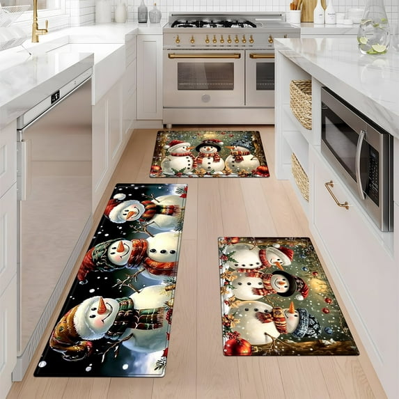 YIMEIS Snowmen Christmas Winter Kitchen Mat Rug Set - Perfect for Kitchen Counter, 16''*24''/20''*32''/47''*18'', Functional for Decoration