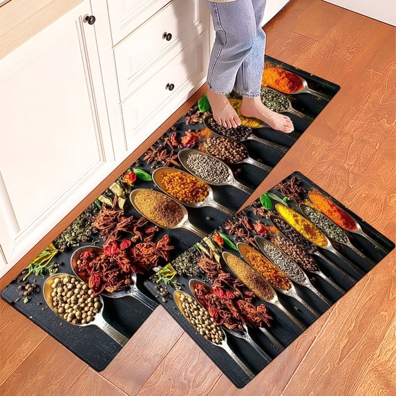 YIMEIS Spice Festive Flavorful Ingredients Kitchen Mat Rug Set - 1/2 Pcs Perfect for Kitchen Counter, 16''*24''/47''*18'', Functional for Decoration