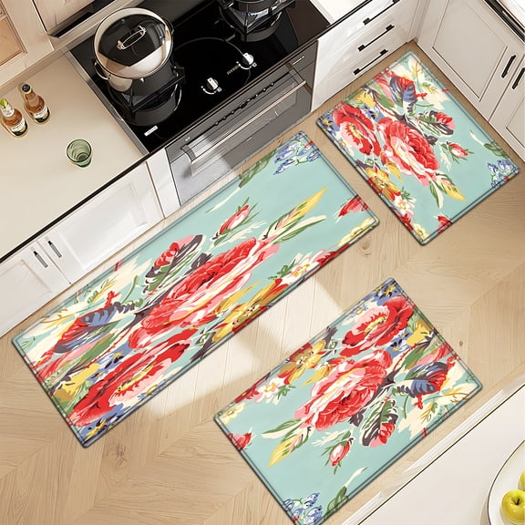 YIMEIS Spring Floral Patterns 3Pcs Flannel Mat & Kitchen Rugs Set,16''×24'' 20''×30'' 17''×47'' Inches,Soft Non-slip for Home Bathroom
