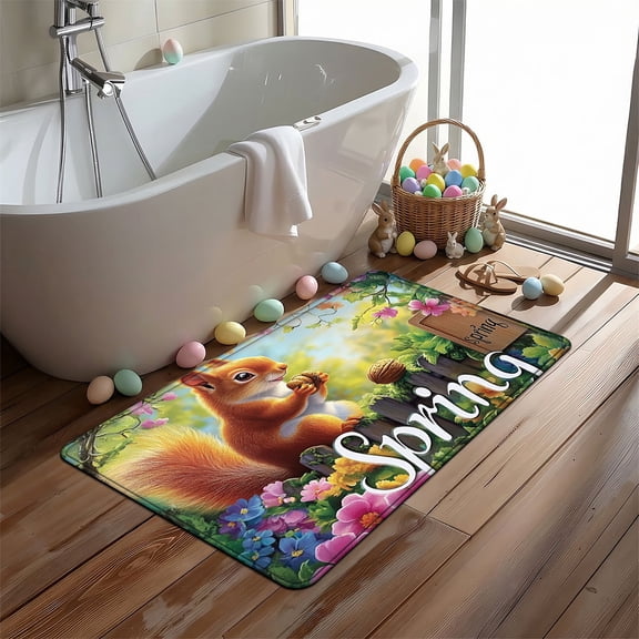 YIMEIS Spring Squirrel Soft Flannel Bath Mat, 15.7''*23.6'', Non-Slip, Rug for Bathroom Doorway & Entryway