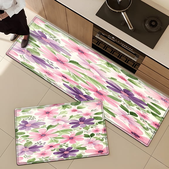 YIMEIS Spring flowers, pink, purple and green 2Pcs Home Flannel Mat & Kitchen Rugs,Soft Non-slip for Bathroom  Entryway