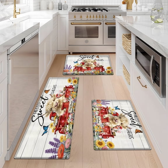 YIMEIS Springtime Flower Fields with Little Highland Cows Cart Floral rug 3Pcs Flannel Mat & Kitchen Rugs Set,16''×24'' 20''×30'' 17''×47'' Inches,Soft Non-slip for Home Bathroom